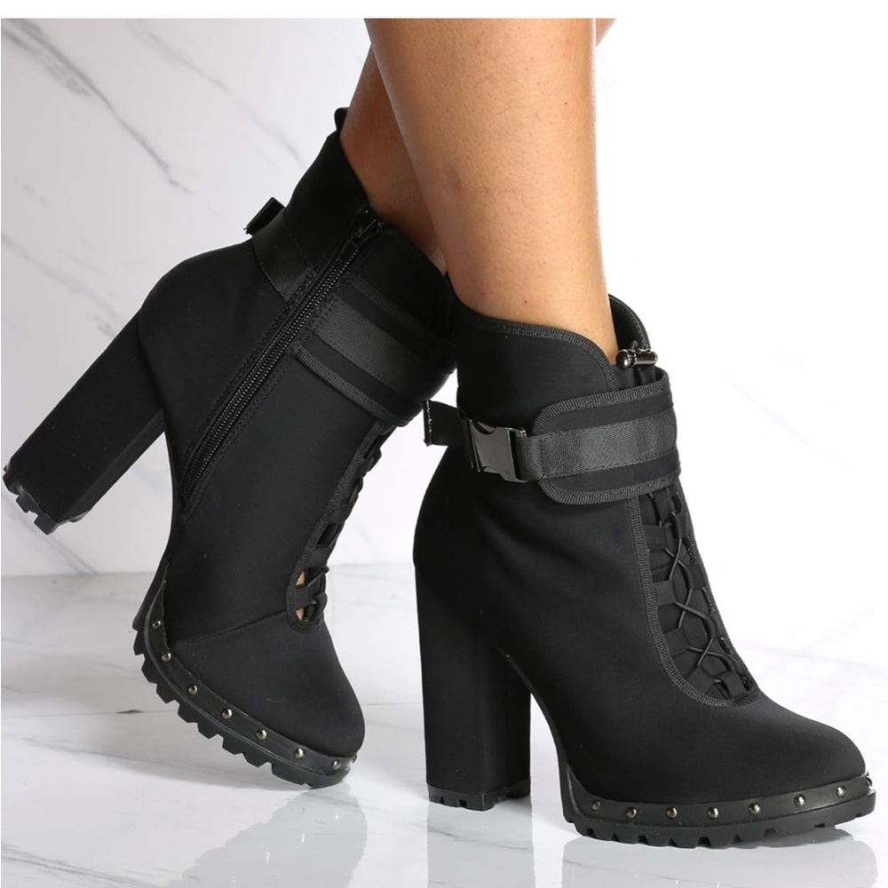 Womens Lycra Side Clip On Buckle Chunky Heel Bootie,Black Size 8.5 - Picture 2 of 12